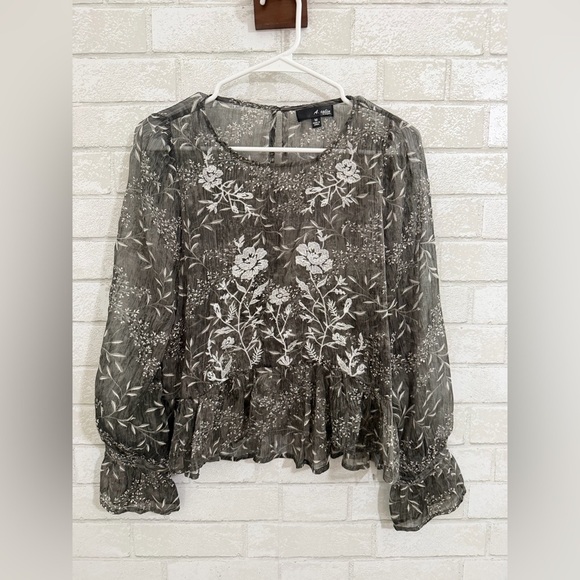 A. Calin Tops - A. Calin Los Angeles sheer gray long-sleeve blouse floral embroidered M #3043